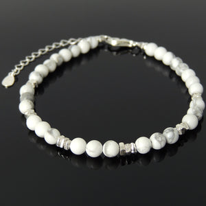 4mm White Howlite Healing Gemstone Bracelet with S925 Sterling Silver Nugget Beads, Chain, & Clasp - Handmade by Gem & Silver BR1270
