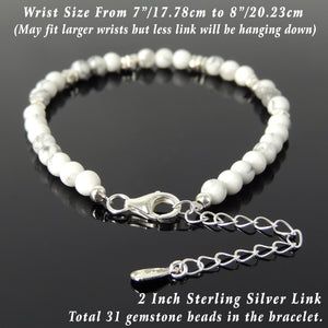 4mm White Howlite Healing Gemstone Bracelet with S925 Sterling Silver Nugget Beads, Chain, & Clasp - Handmade by Gem & Silver BR1270