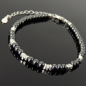 4mm Hematite Healing Gemstone Bracelet with S925 Sterling Silver Nugget Beads, Chain, & Clasp - Handmade by Gem & Silver BR1271