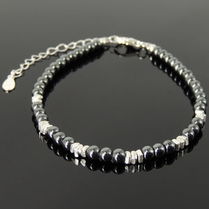 4mm Hematite Healing Gemstone Bracelet with S925 Sterling Silver Nugget Beads, Chain, & Clasp - Handmade by Gem & Silver BR1271