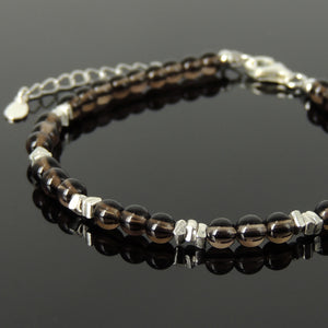 4mm Smokey Quartz Healing Gemstone Bracelet with S925 Sterling Silver Nugget Beads, Chain, & Clasp - Handmade by Gem & Silver BR1275
