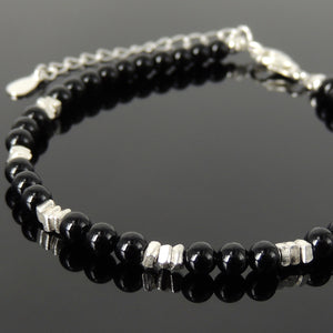 4mm Bright Black Onyx Healing Gemstone Bracelet with S925 Sterling Silver Nugget Beads, Chain, & Clasp - Handmade by Gem & Silver BR1276