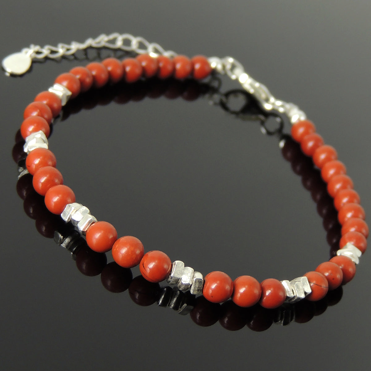 4mm Red Jasper Healing Gemstone Bracelet with S925 Sterling Silver Nugget Beads, Chain, & Clasp - Handmade by Gem & Silver BR1277