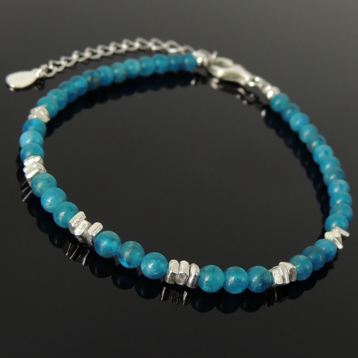 4mm Apatite Healing Gemstone Bracelet with S925 Sterling Silver Nugget Beads, Chain, & Clasp - Handmade by Gem & Silver BR1279