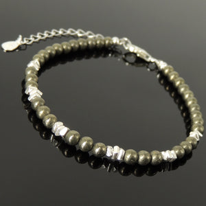 4mm Gold Pyrite Healing Stone Bracelet with S925 Sterling Silver Nugget Beads, Chain, & Clasp - Handmade by Gem & Silver BR1281