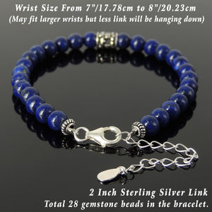 6mm Lapis Lazuli Healing Gemstone Bracelet with S925 Sterling Silver Fleur de Lis Barrel Bead & Clasp - Handmade by Gem & Silver BR1285