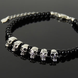 4mm Bright Black Onyx Healing Gemstone Bracelet with S925 Sterling Silver Protection Skull Beads & Clasp - Handmade by Gem & Silver BR1300