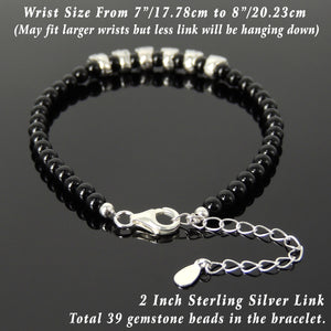 4mm Bright Black Onyx Healing Gemstone Bracelet with S925 Sterling Silver Protection Skull Beads & Clasp - Handmade by Gem & Silver BR1300
