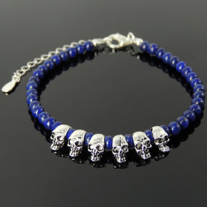4mm Lapis Lazuli Healing Gemstone Bracelet with S925 Sterling Silver Protection Skull Beads & Clasp - Handmade by Gem & Silver BR1301