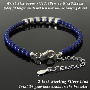 4mm Lapis Lazuli Healing Gemstone Bracelet with S925 Sterling Silver Protection Skull Beads & Clasp - Handmade by Gem & Silver BR1301