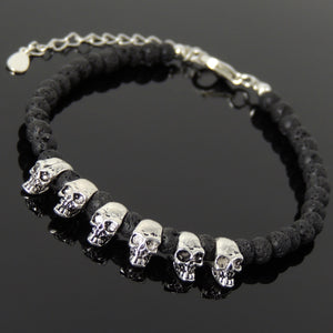 4mm Lava Rock Healing Stone Bracelet with S925 Sterling Silver Protection Skull Beads & Clasp - Handmade by Gem & Silver BR1302