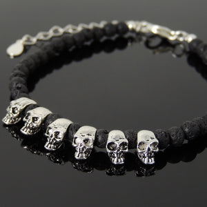 4mm Lava Rock Healing Stone Bracelet with S925 Sterling Silver Protection Skull Beads & Clasp - Handmade by Gem & Silver BR1302