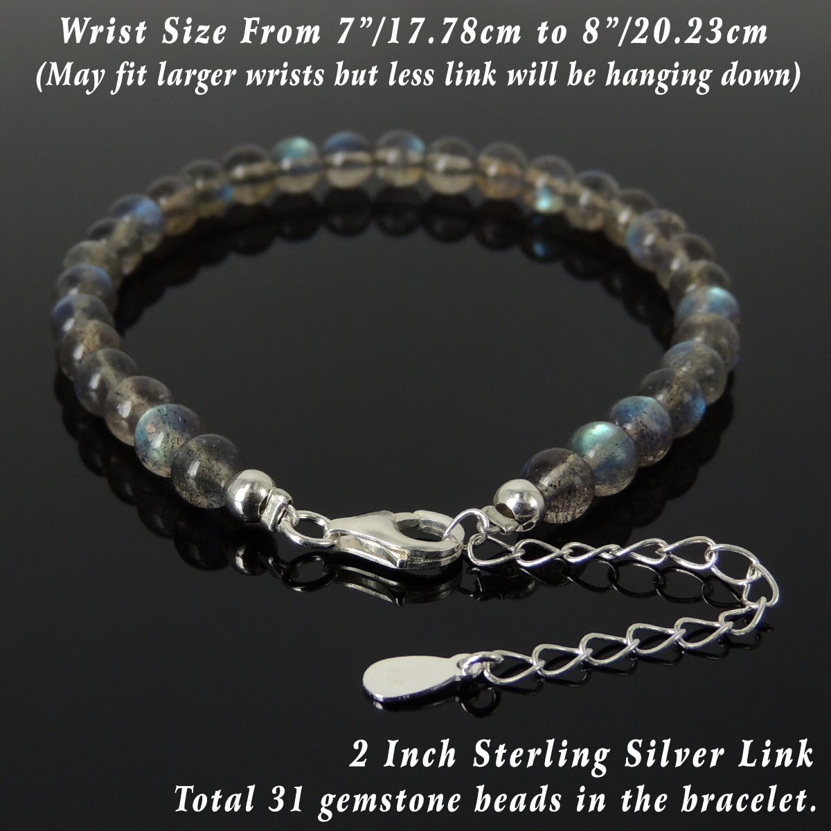 Rare 5A Labradorite Healing Gemstone Bracelet with S925 Sterling Silver Chain & Clasp - Handmade by Gem & Silver BR1303