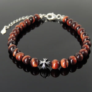 6mm Red Tiger Eye Healing Gemstone Bracelet with S925 Sterling Silver Cross, Chain, & Clasp - Handmade by Gem & Silver BR1306