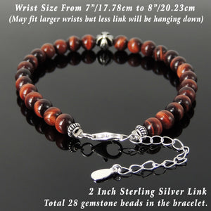6mm Red Tiger Eye Healing Gemstone Bracelet with S925 Sterling Silver Cross, Chain, & Clasp - Handmade by Gem & Silver BR1306