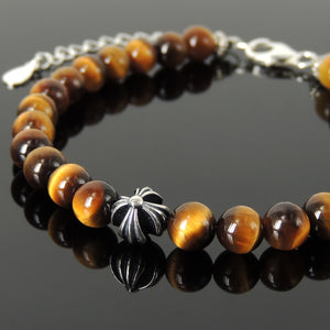6mm Brown Tiger Eye Healing Gemstone Bracelet with S925 Sterling Silver Cross, Chain, & Clasp - Handmade by Gem & Silver BR1308