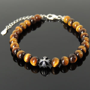 6mm Brown Tiger Eye Healing Gemstone Bracelet with S925 Sterling Silver Cross, Chain, & Clasp - Handmade by Gem & Silver BR1308