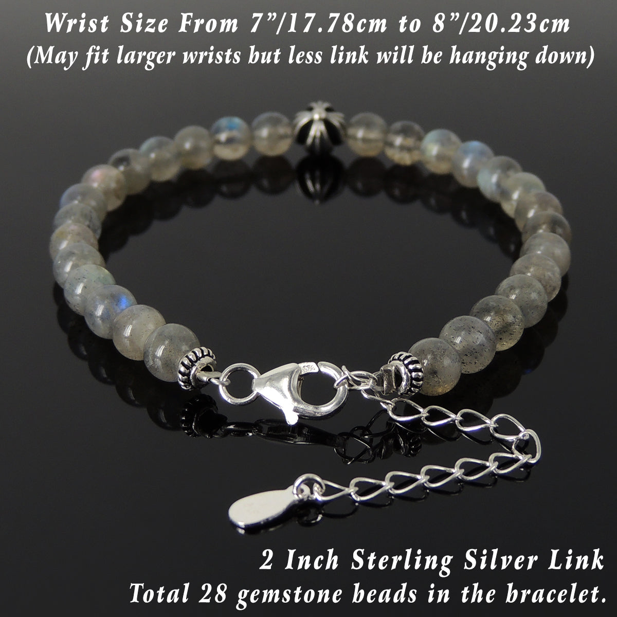 6mm Labradorite Healing Gemstone Bracelet with S925 Sterling Silver Cross, Chain, & Clasp - Handmade by Gem & Silver BR1309