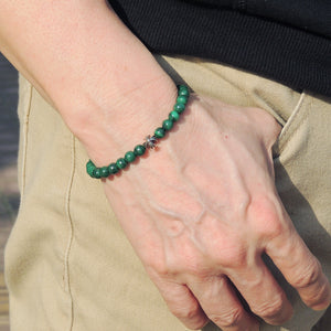6mm Malachite Healing Gemstone Bracelet with S925 Sterling Silver Cross, Chain, & Clasp - Handmade by Gem & Silver BR1310