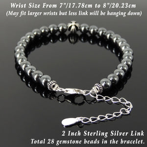 6mm Hematite Healing Gemstone Bracelet with S925 Sterling Silver Cross, Chain, & Clasp - Handmade by Gem & Silver BR1312
