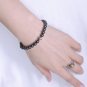 6mm Hematite Healing Gemstone Bracelet with S925 Sterling Silver Cross, Chain, & Clasp - Handmade by Gem & Silver BR1312