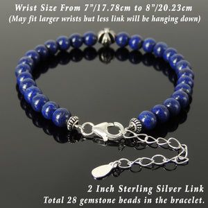 6mm Lapis Lazuli Healing Gemstone Bracelet with S925 Sterling Silver Cross, Chain, & Clasp - Handmade by Gem & Silver BR1314