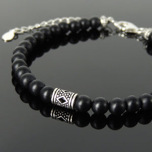 5mm Matte Black Onyx Healing Gemstone Bracelet with S925 Sterling Silver Artisan Bead, Chain, & Clasp - Handmade by Gem & Silver BR1316
