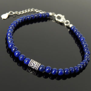 4mm Lapis Lazuli Healing Gemstone Bracelet with S925 Sterling Silver Artisan Bead, Chain, & Clasp - Handmade by Gem & Silver BR1317
