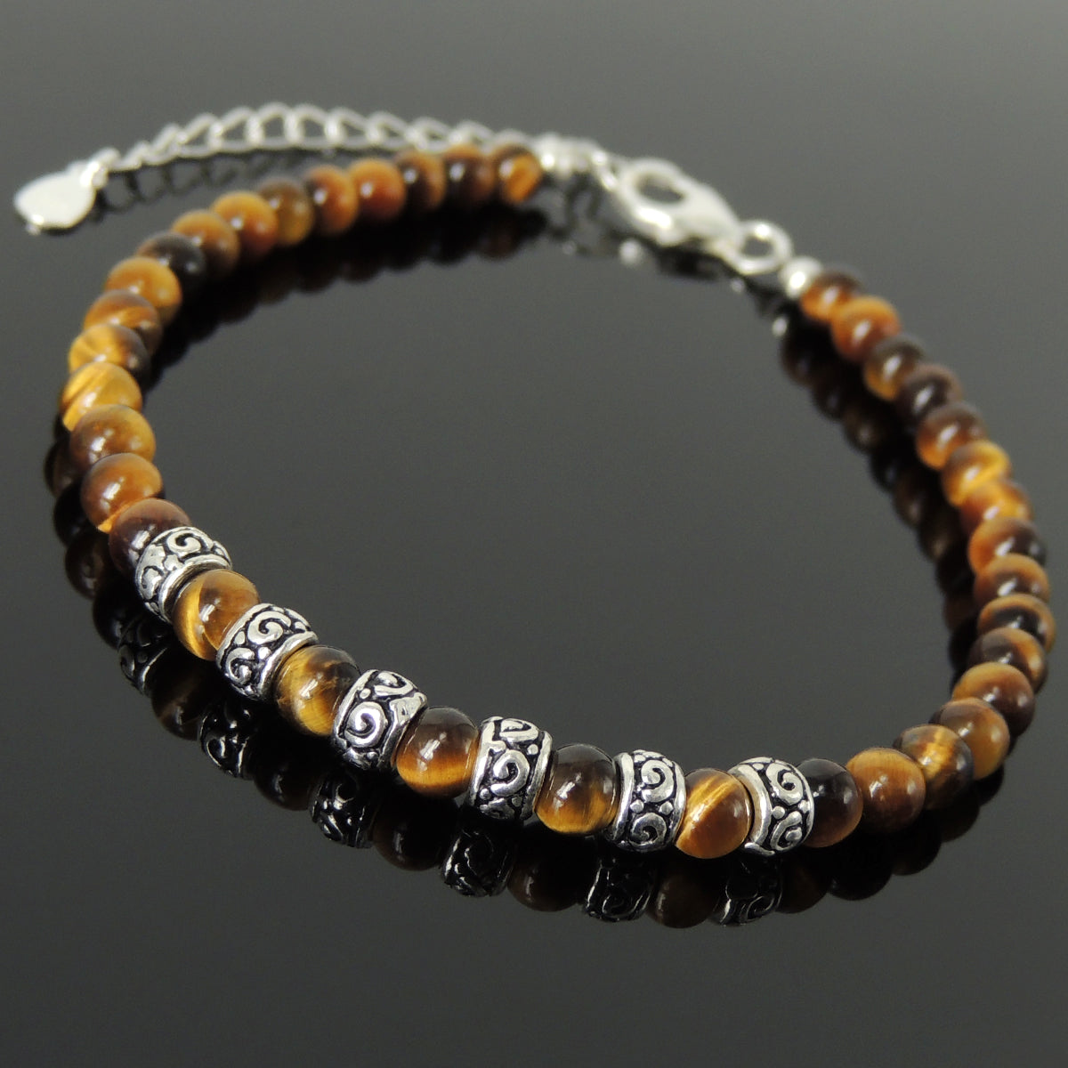 4mm Brown Tiger Eye Healing Gemstone Bracelet with S925 Sterling Silver Barrel Beads, Chain, & Clasp - Handmade by Gem & Silver BR1318