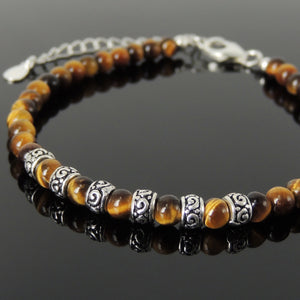 4mm Brown Tiger Eye Healing Gemstone Bracelet with S925 Sterling Silver Barrel Beads, Chain, & Clasp - Handmade by Gem & Silver BR1318