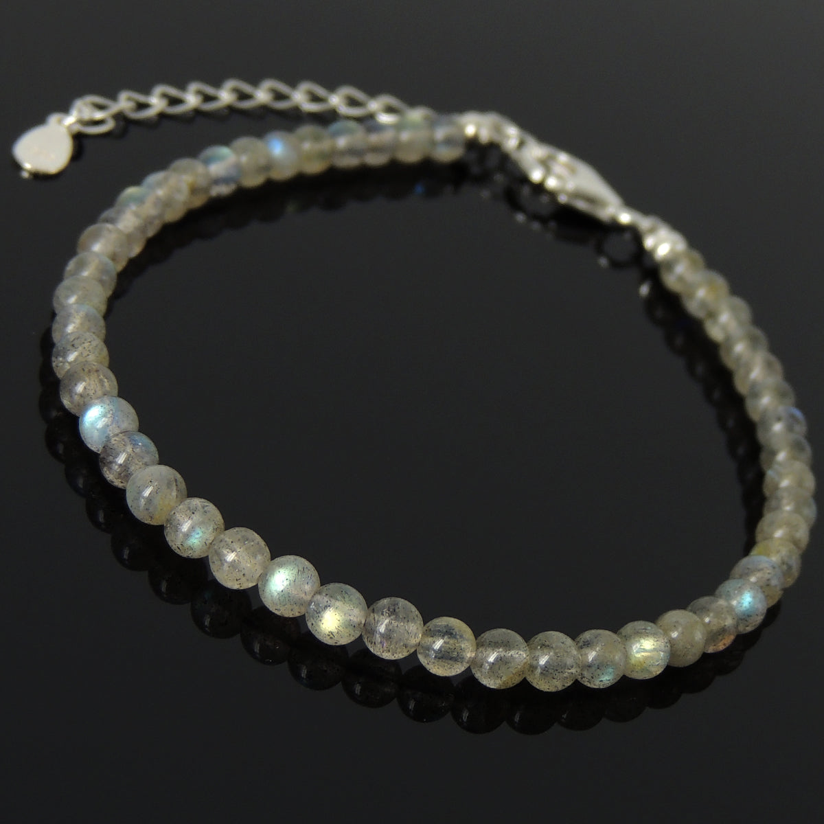 4mm Labradorite Healing Gemstone Bracelet with S925 Sterling Silver Beads, Chain, & Clasp - Handmade by Gem & Silver BR1320
