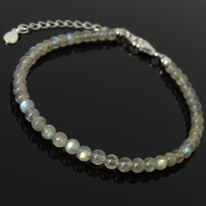 4mm Labradorite Healing Gemstone Bracelet with S925 Sterling Silver Beads, Chain, & Clasp - Handmade by Gem & Silver BR1320