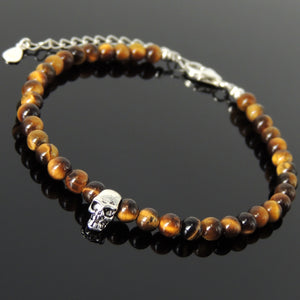 4mm Brown Tiger Eye Healing Gemstone Bracelet with S925 Sterling Silver Skull Protection Bead, Chain, & Clasp - Handmade by Gem & Silver BR1322
