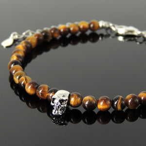 4mm Brown Tiger Eye Healing Gemstone Bracelet with S925 Sterling Silver Skull Protection Bead, Chain, & Clasp - Handmade by Gem & Silver BR1322