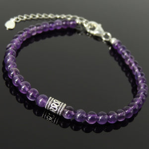 4mm Amethyst Healing Gemstone Bracelet with S925 Sterling Silver Artisan Bead, Chain, & Clasp - Handmade by Gem & Silver BR1323