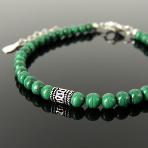 4mm Malachite Healing Gemstone Bracelet with S925 Sterling Silver Artisan Bead, Chain, & Clasp - Handmade by Gem & Silver BR1325