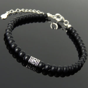 4mm Matte Black Onyx Healing Gemstone Bracelet with S925 Sterling Silver Artisan Bead, Chain, & Clasp - Handmade by Gem & Silver BR1326