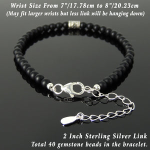 4mm Matte Black Onyx Healing Gemstone Bracelet with S925 Sterling Silver Artisan Bead, Chain, & Clasp - Handmade by Gem & Silver BR1326