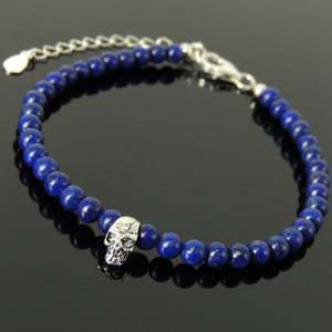 4mm Lapis Lazuli Healing Gemstone Bracelet with S925 Sterling Silver Skull Protection Bead, Chain, & Clasp - Handmade by Gem & Silver BR1327