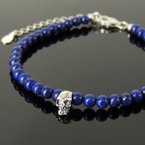 4mm Lapis Lazuli Healing Gemstone Bracelet with S925 Sterling Silver Skull Protection Bead, Chain, & Clasp - Handmade by Gem & Silver BR1327