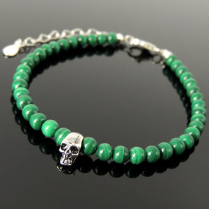 4mm Malachite Healing Gemstone Bracelet with S925 Sterling Silver Skull Protection Bead, Chain, & Clasp - Handmade by Gem & Silver BR1328