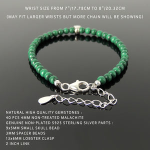 4mm Malachite Healing Gemstone Bracelet with S925 Sterling Silver Skull Protection Bead, Chain, & Clasp - Handmade by Gem & Silver BR1328