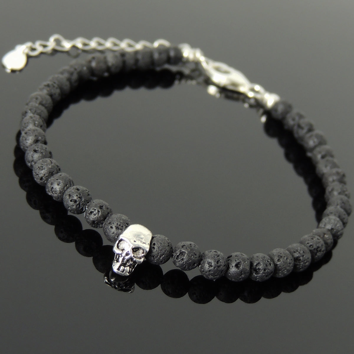 4mm Lava Rock Healing Stone Bracelet with S925 Sterling Silver Skull Protection Bead, Chain, & Clasp - Handmade by Gem & Silver BR1329