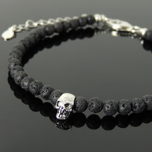4mm Lava Rock Healing Stone Bracelet with S925 Sterling Silver Skull Protection Bead, Chain, & Clasp - Handmade by Gem & Silver BR1329