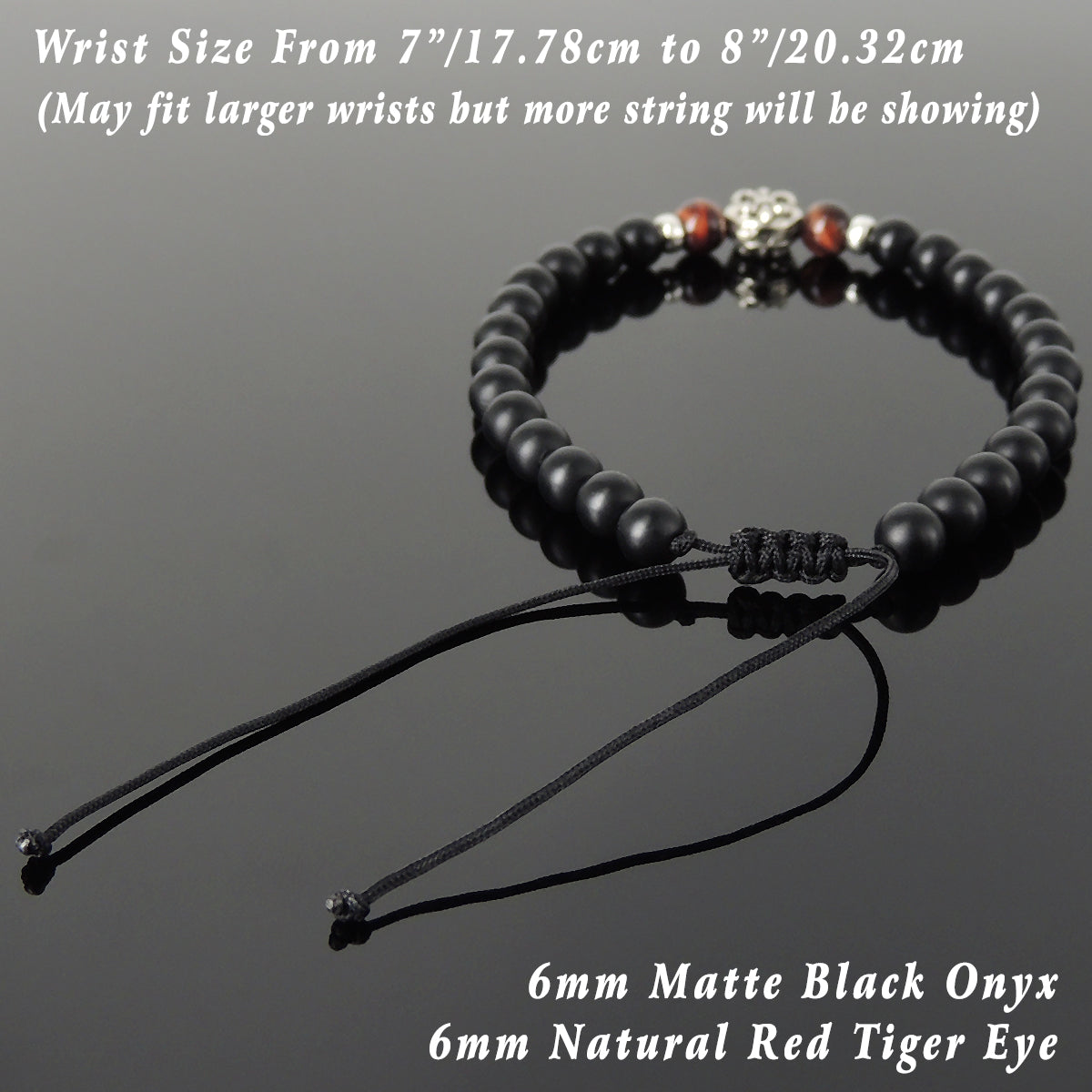 6mm Red Tiger Eye & Matte Black Onyx Gemstone Adjustable Braided Bracelet with S925 Sterling Silver Round Fleur de Lis Emblem Bead - Handmade by Gem & Silver BR1330