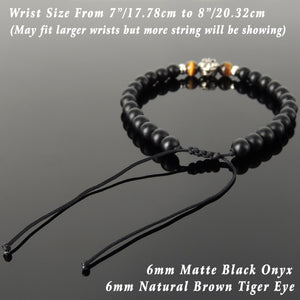 6mm Brown Tiger Eye & Matte Black Onyx Adjustable Braided Bracelet with S925 Sterling Silver Fleur de Lis Bead - Handmade by Gem & Silver BR1331
