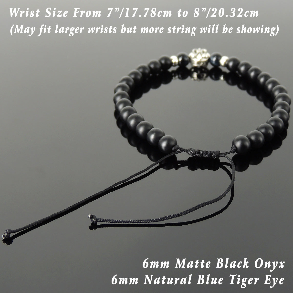 6mm Blue Tiger Eye & Matte Black Onyx Adjustable Braided Bracelet with S925 Sterling Silver Fleur de Lis Bead - Handmade by Gem & Silver BR1332