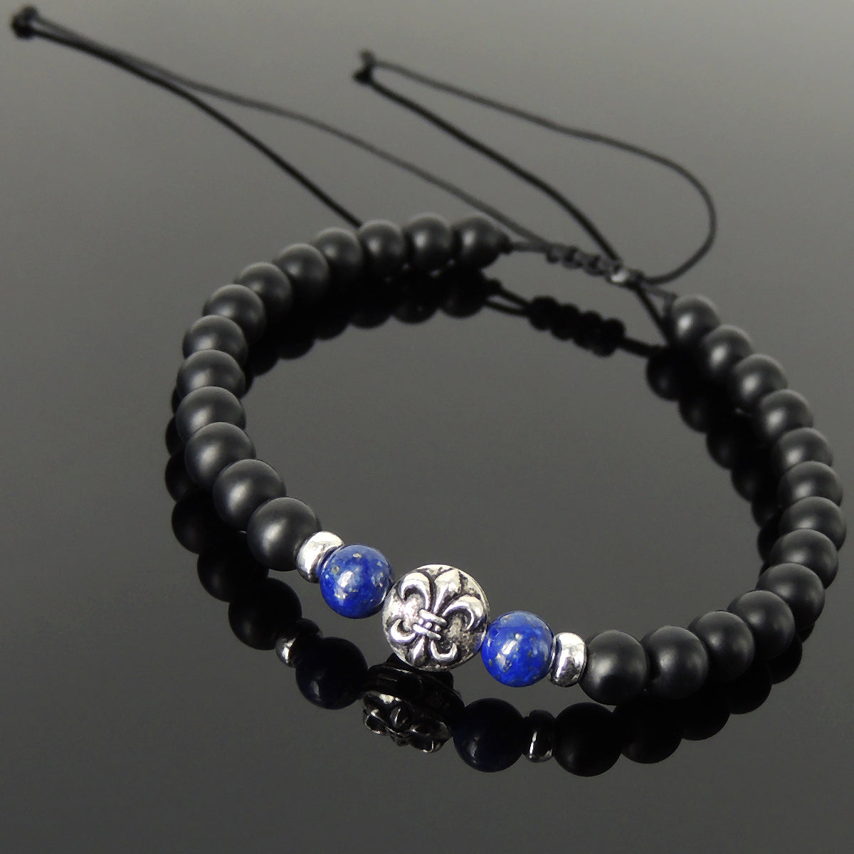 6mm Lapis Lazuli & Matte Black Onyx Adjustable Braided Bracelet with S925 Sterling Silver Fleur de Lis Bead - Handmade by Gem & Silver BR1333