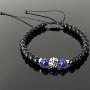 6mm Lapis Lazuli & Matte Black Onyx Adjustable Braided Bracelet with S925 Sterling Silver Fleur de Lis Bead - Handmade by Gem & Silver BR1333
