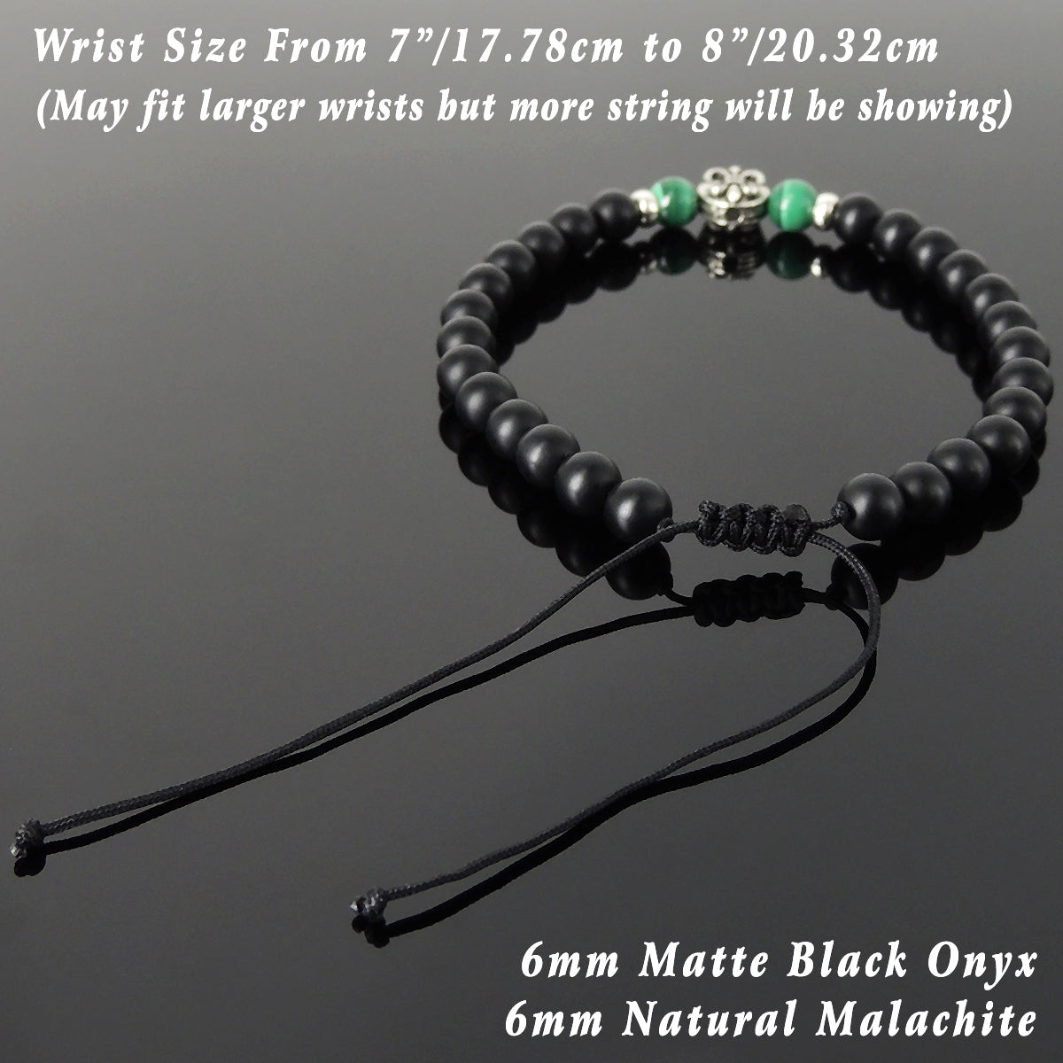 6mm Malachite & Matte Black Onyx Adjustable Braided Bracelet with S925 Sterling Silver Fleur de Lis Bead - Handmade by Gem & Silver BR1334